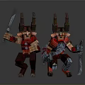 Two Men in Red Warrior Armor with Horned Helmets Holding Swords and Staffs