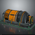 Orange And Silver Cylindrical Industrial Equipment With Green Support Frame On Metallic Platform Shiny Surface