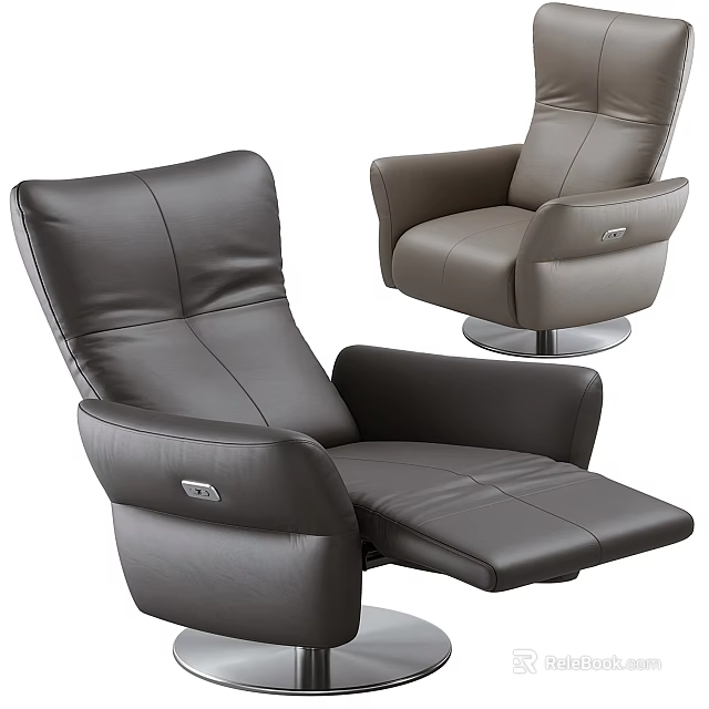 Modern Single Sofa with Leather Upholstery Reclining Footrest and Round Base 3d model 