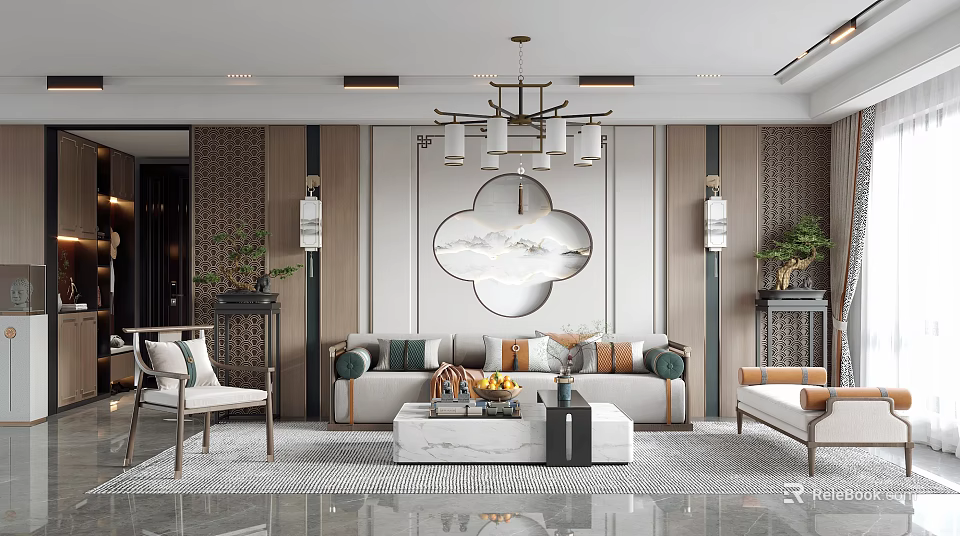 Luxurious Modern Living Room with Chinese Elements Sofa Coffee Table Chandelier Decorative Painting Green Plants 3d model 