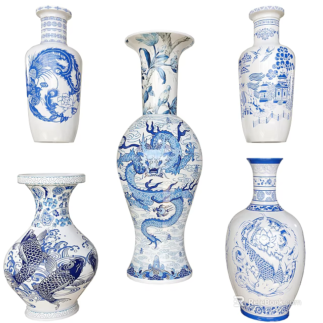Traditional Blue And White Ceramic Vases With Dragon Phoenix Landscape Patterns 3d model 
