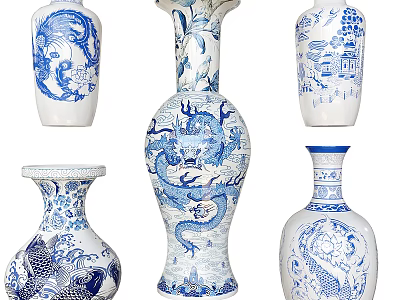Traditional Blue And White Ceramic Vases With Dragon Phoenix Landscape Patterns 3d model
