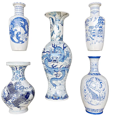 Traditional Blue And White Ceramic Vases With Dragon Phoenix Landscape Patterns 3d model