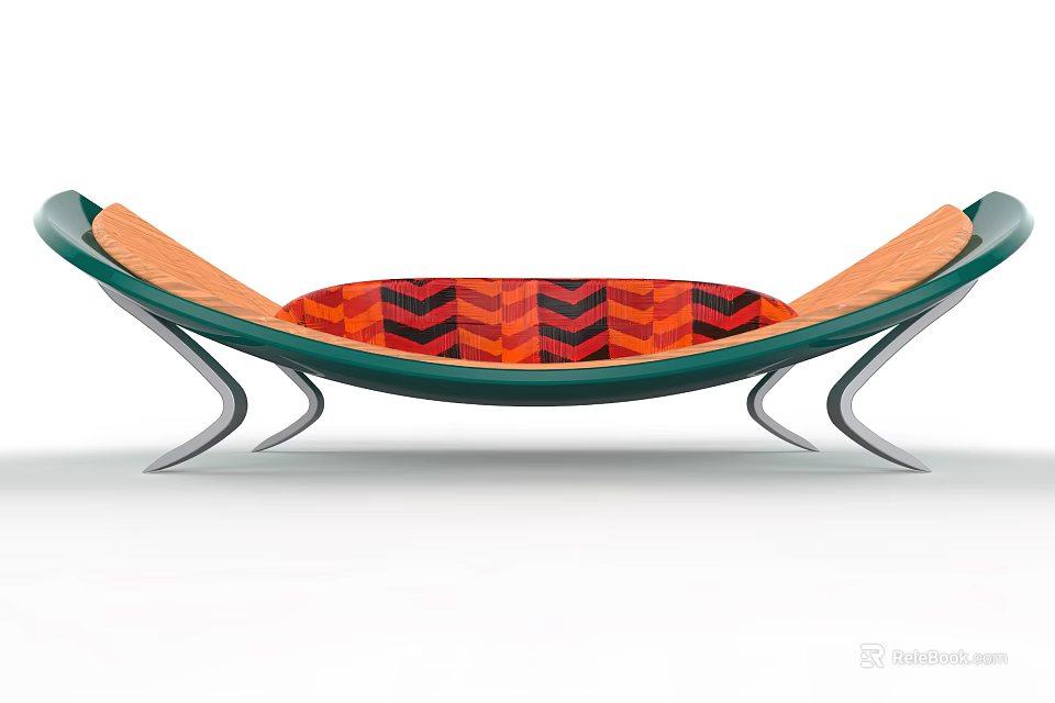 Modern Curved Lounge Chair With Green Frame And Orange Black Chevron Pattern Seat 3d model 