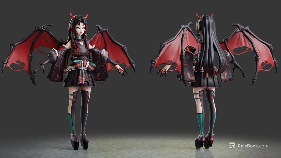 Fantasy Demon Character With Red Horns Bat Wings Black Hair And Red Black Outfit 3d model 