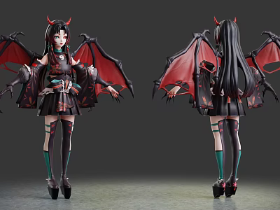 Fantasy Demon Character With Red Horns Bat Wings Black Hair And Red Black Outfit 3d model