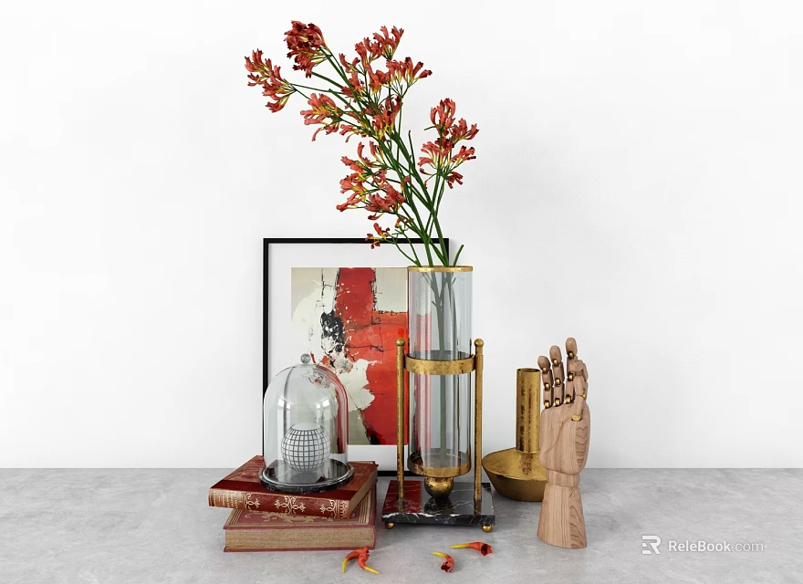 Decorative Ornament Set Featuring Red Flowers Vase Glass Cloche Wooden Figurine And Books 3d model 