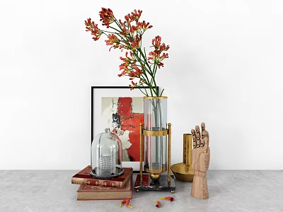 Decorative Ornament Set Featuring Red Flowers Vase Glass Cloche Wooden Figurine And Books 3d model