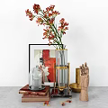 Decorative Ornament Set Featuring Red Flowers Vase Glass Cloche Wooden Figurine And Books