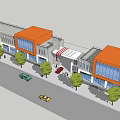 Commercial Street With Modern Building Exteriors Glass Curtain Walls Red Car And Pedestrians