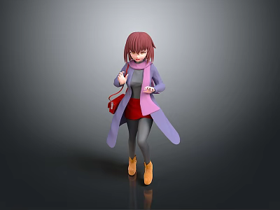 Stylish Woman With Pink Hair Purple Coat Red Skirt And Yellow Shoes In Gray Background 3d model