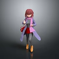 Stylish Woman With Pink Hair Purple Coat Red Skirt And Yellow Shoes In Gray Background