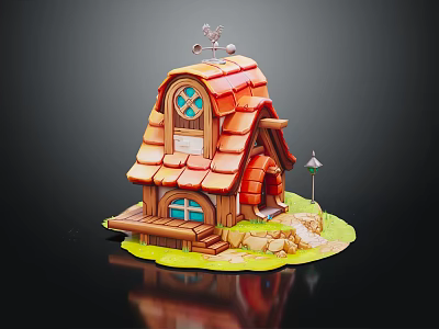 Cartoon Scene of Small House with Red Tile Roof Round Windows Path Stones and Grass 3d model