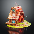 Cartoon Scene of Small House with Red Tile Roof Round Windows Path Stones and Grass