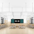 Modern School Classroom Interior With Neat Desks Chairs Digital Clock Blackboard Windows And Lighting 3d model