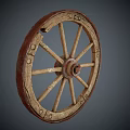 Antique Wooden Spoke Tire With Red Outer Rim And Ornate Carved Hub Design