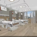 Modern Hospital Ward Interior Design With Medical Beds Pendant Lights And Wooden Flooring