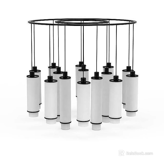 Modern Chandelier With Cylindrical White Lampshades And Black Metal Frame 3d model 