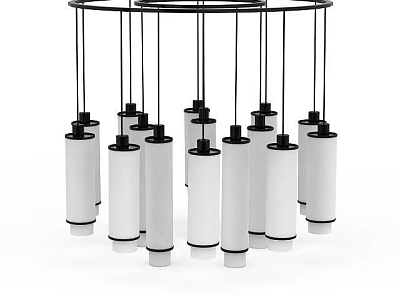 Modern Chandelier With Cylindrical White Lampshades And Black Metal Frame 3d model