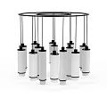 Modern Chandelier With Cylindrical White Lampshades And Black Metal Frame
