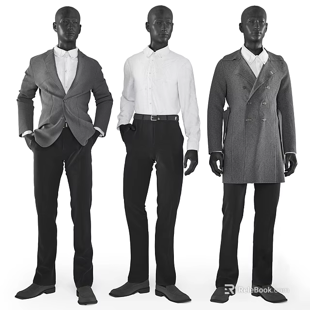 Male Mannequins Wearing Formal Suits White Shirts And Long Coats 3d model 