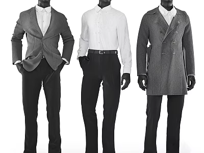 Male Mannequins Wearing Formal Suits White Shirts And Long Coats 3d model