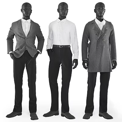 Male Mannequins Wearing Formal Suits White Shirts And Long Coats 3d model