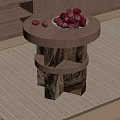 Round Wooden Side Table With Fruit Bowl And Fresh Fruits On Top