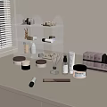 Decorative Ornament Set on Tabletop with Transparent Rack Small Jars Bottles Cosmetics and Lipstick Collection