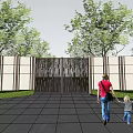 Entrance Gate With Metal Grid Design Tall Walls Green Trees And Adult Child Walking Towards