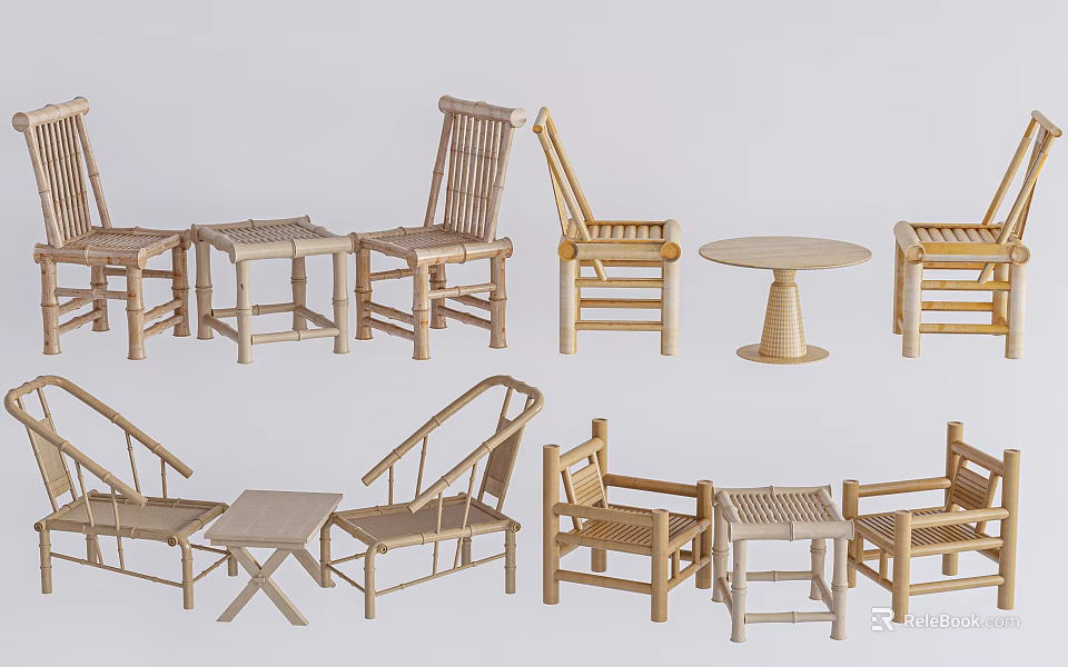 Natural Bamboo Outdoor Chairs Set With Simple Matching Side Tables 3d model 