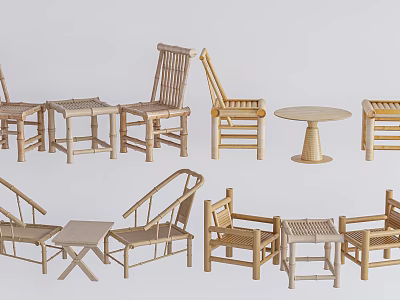 Natural Bamboo Outdoor Chairs Set With Simple Matching Side Tables 3d model