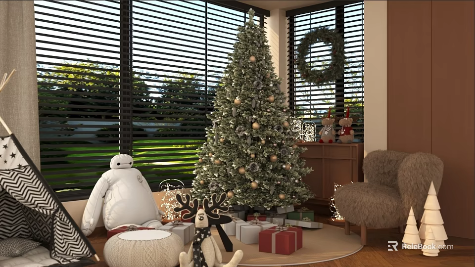Festive Home Balcony Christmas Setup With Decorated Tree Gifts Baymax Plush And Reindeer 3d model 