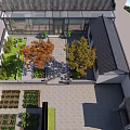 Detached Villa With Chinese Style Roof Glass Curtain Wall Stone Paved Courtyard And Potted Plants
