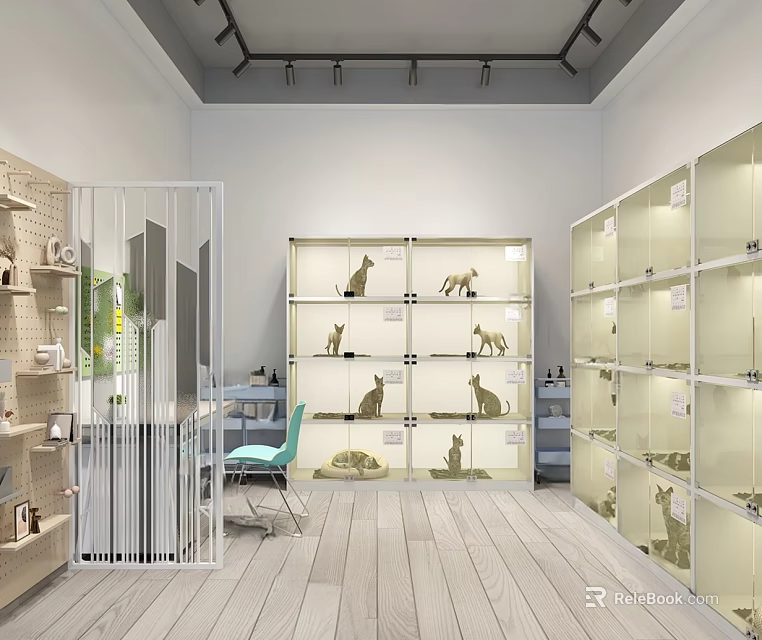Modern Pet Store Interior With Glass Display Shelves And Pet Figurines On Wooden Flooring 3d model 