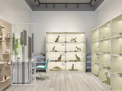 Modern Pet Store Interior With Glass Display Shelves And Pet Figurines On Wooden Flooring 3d model