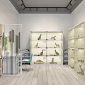 Modern Pet Store Interior With Glass Display Shelves And Pet Figurines On Wooden Flooring