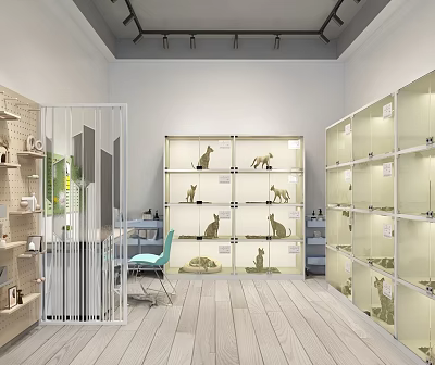Modern Pet Store Interior With Glass Display Shelves And Pet Figurines On Wooden Flooring 3d model
