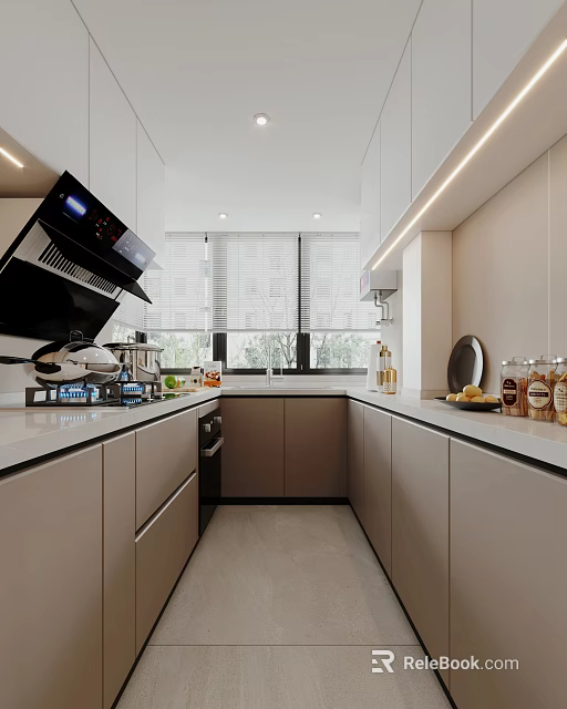 Modern Kitchen Interior With White Countertop Light Gray Cabinets Window Blinds And Appliances 3d model