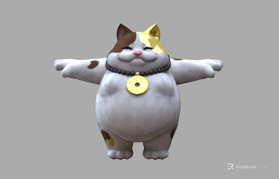 Cute Chubby Cartoon Cat With White Body Brown Spots Golden Hat And Open Arms 3d model 