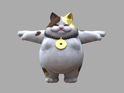 Cute Chubby Cartoon Cat With White Body Brown Spots Golden Hat And Open Arms 3d model