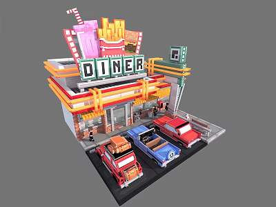 Colorful Cartoon Retro Diner Scene With Neon Sign And Classic Cars Parked Outside 3d model
