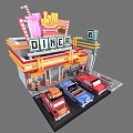 Colorful Cartoon Retro Diner Scene With Neon Sign And Classic Cars Parked Outside