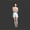 Woman Standing With Arms Crossed In Pink Top White Shorts And Sandals Against Gray Background 3d model