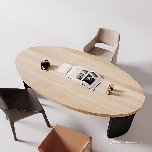 Wooden Oval Desk With Open Magazine Black Mug Gold Decorative Items And Gray Beige Chairs 3d model 
