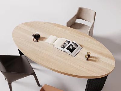 Wooden Oval Desk With Open Magazine Black Mug Gold Decorative Items And Gray Beige Chairs 3d model