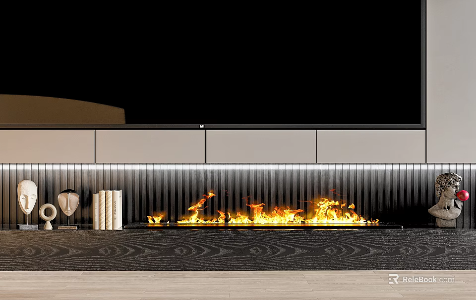 Modern Ribbed Fireplace With Burning Flames Large Screen And Decorative Items On Patterned Rug 3d model