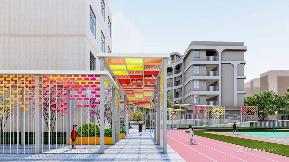Vibrant Modern Commercial Street With Colorful Canopy Walkway Pedestrians And Buildings 3d model 