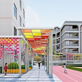 Vibrant Modern Commercial Street With Colorful Canopy Walkway Pedestrians And Buildings