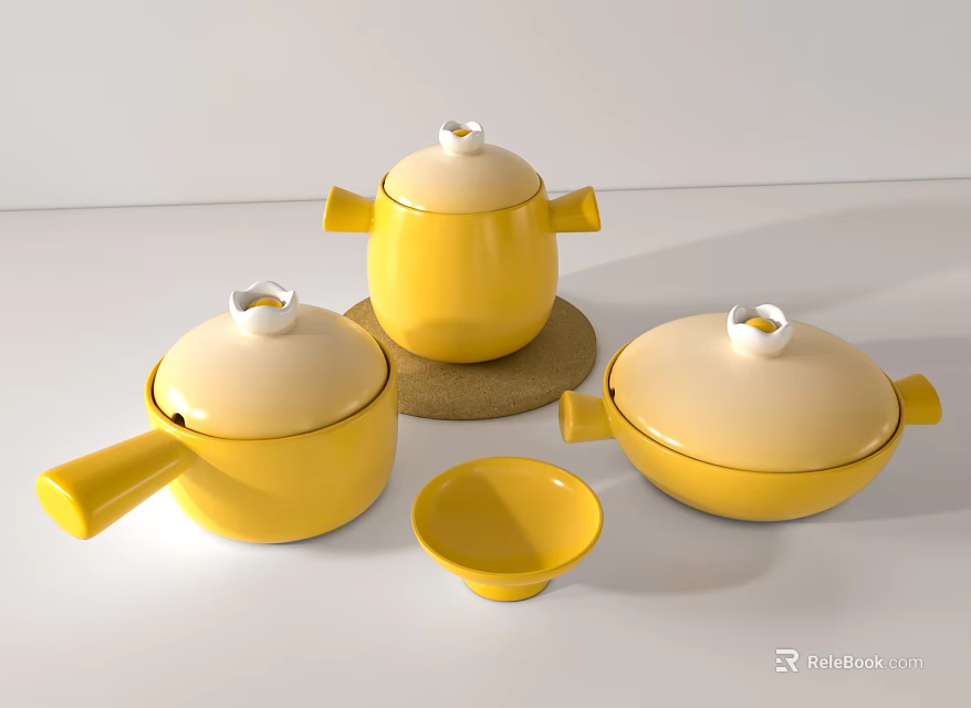 Ceramic Yellow Kitchenware Set With Lids Handles And Small Bowl 3d model